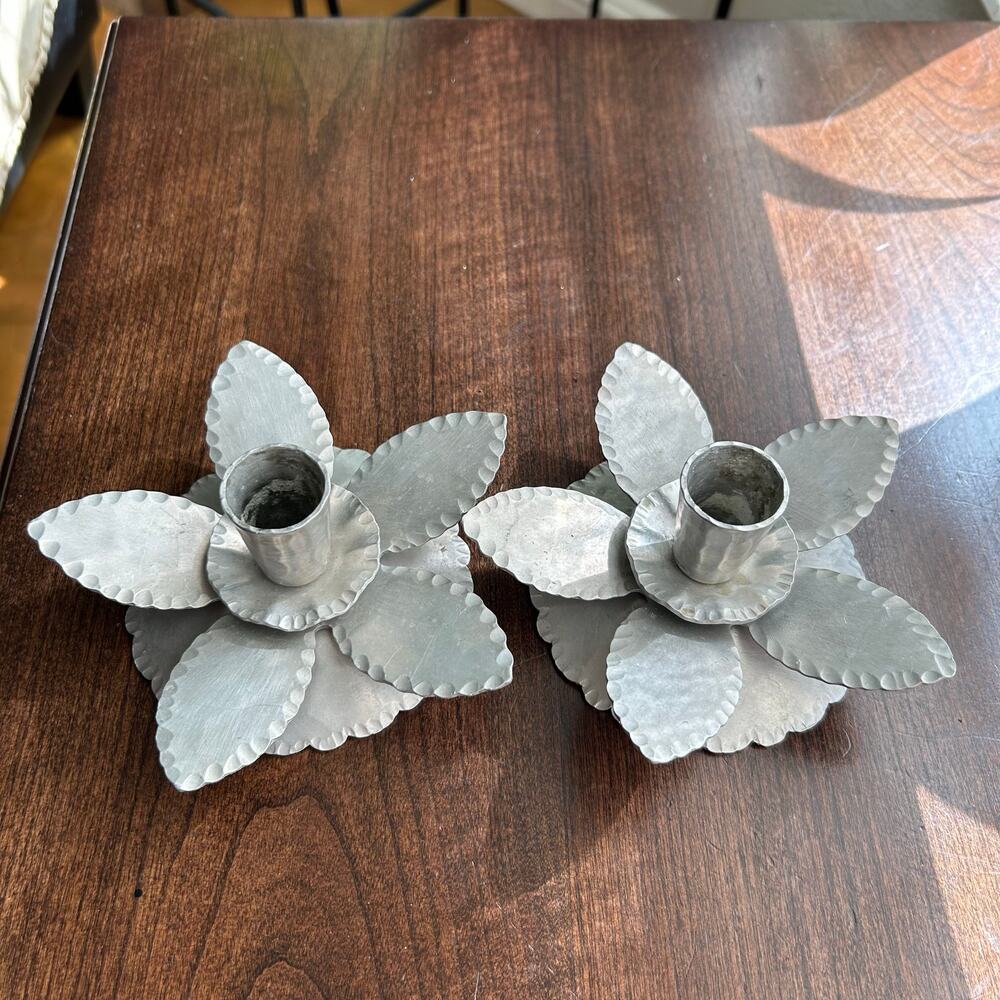 Pair Of Vintage MCM Forged Everlast Metal Lotus Shaped Candlestick Holders